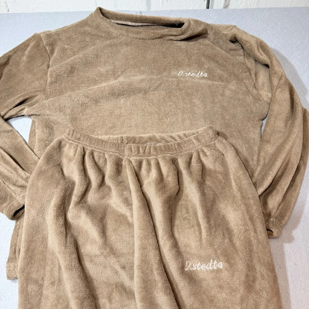 D.stedta Plush Pajama Set‎ Lounge Wear Tan Long Sleeve Top Pants Size 12